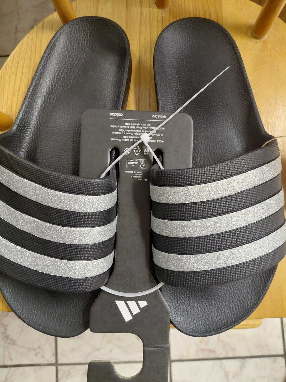 Brand New Women's Adidas Black Slides with Silver Stripes - Picture 2 of 4